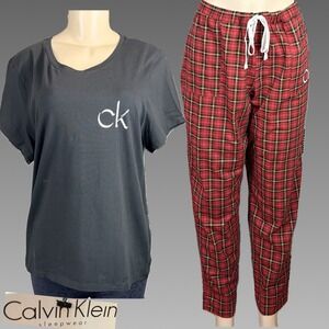 Calvin Klein Sleepwear Set XL Black Logo Tee Cotton Red Plaid Side Pockets Pants